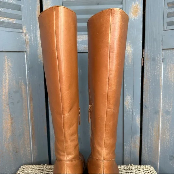 J. Crew Knee High Stacked-Heel Leather Boots Burnished Sand Sz 10.5 - Picture 8 of 16